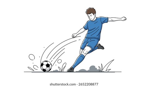 Ilustração dinâmica de um jovem atleta chutando poderosamente uma bola de futebol durante um jogo competitivo com efeitos de grama e poeira no fundo