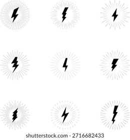 Dynamic illustrations of lightning bolts surrounded by sunburst rays, representing powerful energy and striking visuals for weather and energy-related themes.