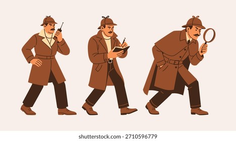 Las ilustraciones dinámicas muestran a un personaje detective involucrado en varias fases de una investigación. Desde la comunicación por radio hasta la toma de notas y la observación detallada con lupa, el