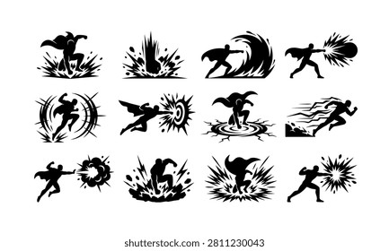 Dynamic illustrations of superheroes in action, exhibiting extraordinary powers. Features figures in fighting stances, unleashing energy blasts, creating force fields, and causing shockwaves. Perfect for comic books, game assets, and action-themed designs.