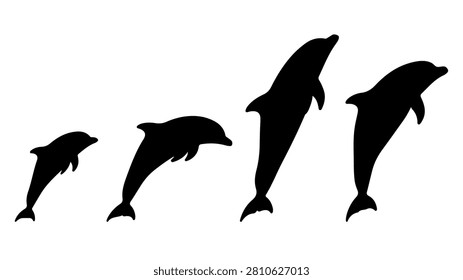Dynamic image capturing four dolphins leaping in unison above the water surface, showcasing their agility and grace in a natural aquatic environment.