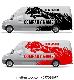 Dynamic image of a dog in a jump. Branding auto, vehicle wraps training dogs.