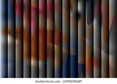 Imagem dinâmica com listras verticais, criando profundidade por meio de gradientes e sombras; sombras de vermelho, azul e marrom suavemente se misturam, adicionando um toque etéreo a esse design moderno.