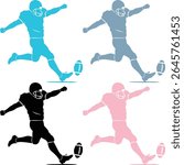 Dynamic image showcasing four football player silhouettes kicking a ball, available in different colors. This sporty vector graphic is perfect for team logos, event flyers, and athletic designs