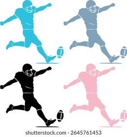 Dynamic image showcasing four football player silhouettes kicking a ball, available in different colors. This sporty vector graphic is perfect for team logos, event flyers, and athletic designs