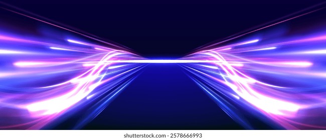 Dynamic image of the speed of light in space with glowing purple swirls and neon waves, mixed with fire paths and optical fibers, symbolizing the powerful motion and acceleration of energy.	