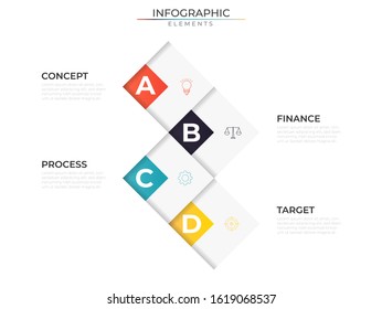 Dynamic infographic design template with icons and four options or steps elements. Vector for company and corporate business project and presentation.