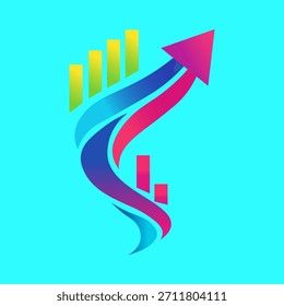 Un icono de infografía dinámica que representa el crecimiento financiero o empresarial con una flecha hacia arriba, un gráfico de barras colorido y cintas fluidas sobre un fondo brillante.