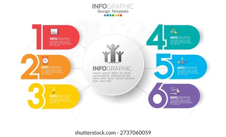 Dynamic infographic with numbered segments radiating from center. Icons represent finance, time, ideas, teamwork, and technology. Excellent for business strategy and project overview.