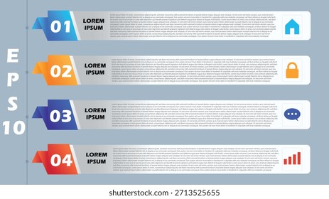 Plantilla dinámica de infografía para la visualización de datos empresariales, perfecta para presentaciones e informes modernos, mostrando pasos clave o flujos de procesos con secciones e íconos numerados