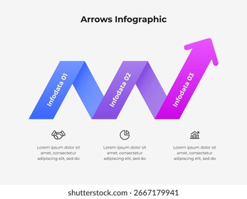Dynamic infographic with a zigzag arrow symbolizing progress. Three steps highlighted by icons below, representing analysis and growth