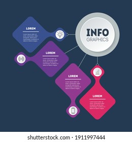 Dynamic infographics or mind map of technology or education process with four steps. Business presentation or infographic with 4 options. Template of a chart, mindmap or diagram on dark background.