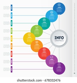 Dynamic infographics of technology or education process. Business presentation with nine options. Web Template of a info chart, mind map or diagram. Part of the report or Business data visualization.