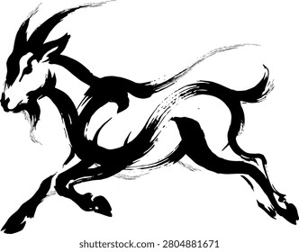 Dynamic Ink Brush Painting Style Jumping Wild Goat Illustration