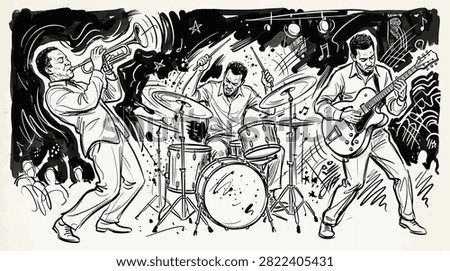 Dynamic ink illustration of musicians performing on stage.