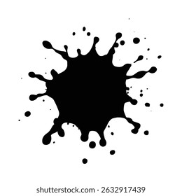 A dynamic ink splatter silhouette, featuring a distinctive irregular shape with small droplets surrounding the main form.