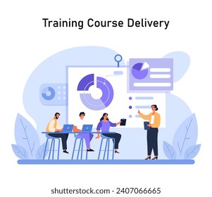 Dynamic instructor leads eager students in modern training room. Engaging course delivery with digital tools, showcasing data and fostering skill enhancement. Future of classroom learning. Flat vector