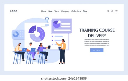 Dynamic instructor leads eager students in modern training room. Engaging course delivery with digital tools, showcasing data and fostering skill enhancement. Future of classroom learning. Flat vector