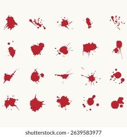 A dynamic and intense collection of blood splatter illustrations in flat and hand-drawn styles. Featuring various shapes, drips, stains, and splash effects 
