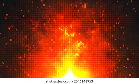 Uma explosão de fogo abstrato dinâmica, intensa e poderosa, apresentando tons de laranja ardente em um fundo de grade intrincado que cativa os espectadores. Ilustração vetorial abstrata.