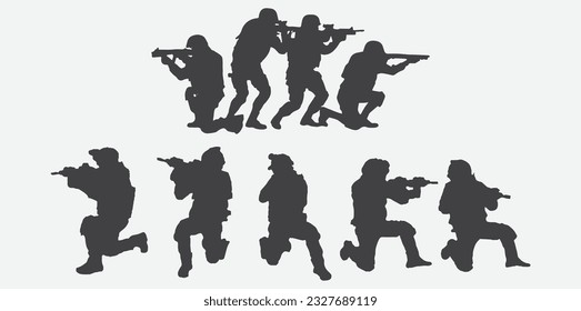 Dynamic and Intense Silhouettes of SWAT Team in High-Stakes Action, Vector Illustration Pack