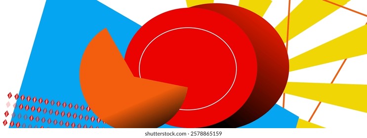 A dynamic interplay of geometric shapes, featuring a prominent red circle and a partially obscured orange sphere, set against a backdrop of blue and yellow. The composition exudes a sense of balance a