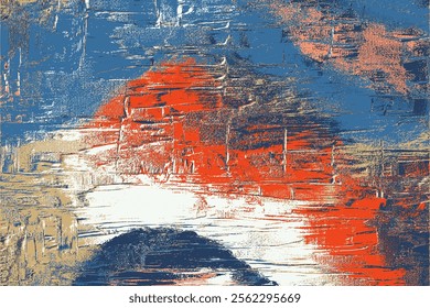 Dynamic interplay of striking orange red, and blue hues on a distressed surface, forming an intense abstract artwork that celebrates bold color and texture