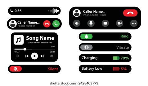 Dynamic island interface design elements vector image modern design in dark mode with music, call, ring, silent, vibrate mode, video call and battery percentage components - Vector Icon