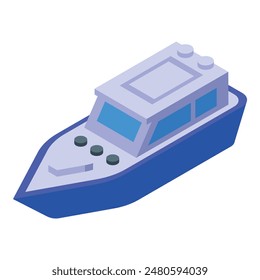 Dynamic isometric blue speedboat illustration with modern design and luxury features, suitable for marine transportation and leisure activities on the water, isolated on a white background