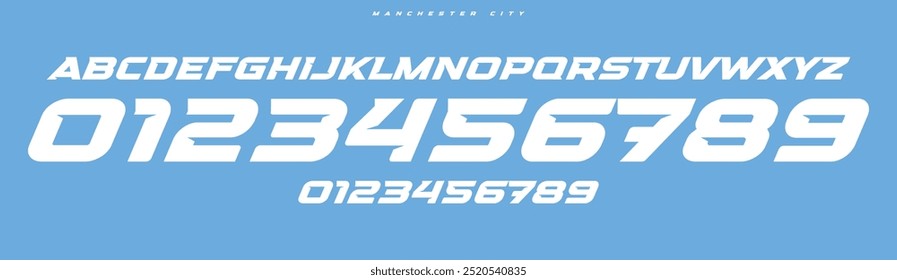 Dynamic italic automotive font, sleek bold numbers and letters for sports branding, racing designs. Streamlined lines emphasize speed, energy, and movement. Vector typeset