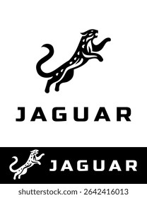 Dynamic jaguar logo in minimalist style depicting a leaping jaguar with bold lines and spots in black and white