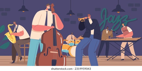Dynamic Jazz Band Characters Performing Live On Stage, Captivating The Audience With Rhythmic Melodies, Illustration