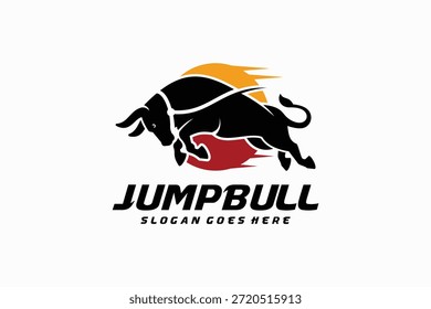 Logotipo de boi saltador dinâmico simbolizando força, energia, coragem e agressão. Ideal para equipes esportivas, marcas de fitness, finanças, comércio, automobilismo e identidades corporativas ousadas.