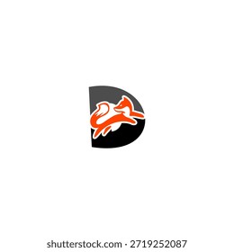 Silueta de zorro saltador dinámico con fondo de alfabeto D, que expresa agilidad, inteligencia y movimiento. Perfecto para marcas deportivas, logotipos creativos y diseño de Vector audaz