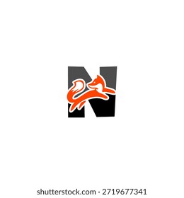 Silueta de zorro saltando dinámica con fondo de alfabeto N, que expresa agilidad, inteligencia y movimiento. Perfecto para marcas deportivas, logotipos creativos y diseño de Vector audaz