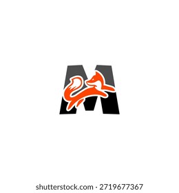 Silueta de zorro saltador dinámico con fondo de alfabeto M, que expresa agilidad, inteligencia y movimiento. Perfecto para marcas deportivas, logotipos creativos y diseño de Vector audaz