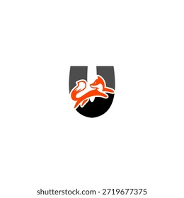 Silueta de zorro saltador dinámico con fondo de alfabeto U, que expresa agilidad, inteligencia y movimiento. Perfecto para marcas deportivas, logotipos creativos y diseño de Vector audaz