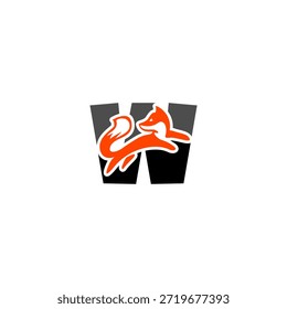 Silueta de zorro saltador dinámico con fondo de alfabeto W, que expresa agilidad, inteligencia y movimiento. Perfecto para marcas deportivas, logotipos creativos y diseño de Vector audaz