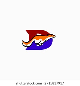 Silueta dinámica de zorro saltador combinada con el logotipo de la letra D, que simboliza agilidad, inteligencia y velocidad. Ideal para marcas modernas, mascotas, logotipos creativos e identidad de Vector limpia