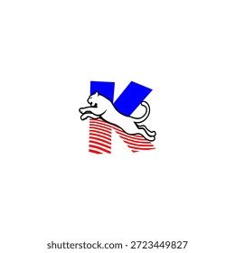 Dynamic jumping tiger silhouette with Letter K background logo, expressing speed, strength, and aggression. Ideal for sports branding and bold identities
