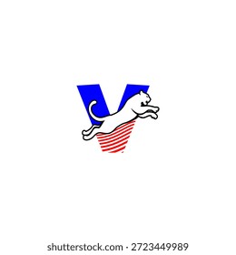 Dynamic jumping tiger silhouette with Letter V background logo, expressing speed, strength, and aggression. Ideal for sports branding and bold identities