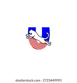 Silhueta de tigre saltador dinâmico com o logotipo de fundo Letra U, expressando velocidade, força e agressão. Ideal para marcas esportivas e identidades arrojadas