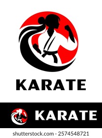 A dynamic karate logo design featuring a female martial artist silhouette in action with a red circular background