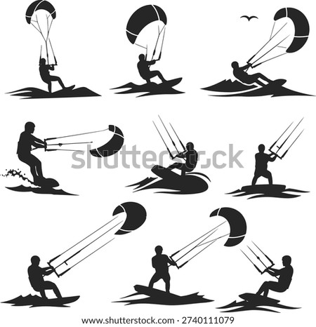 Dynamic kitesurfing action a series of captivating black silhouettes water sport freedom isolated action poses