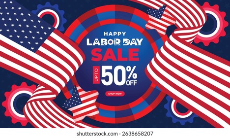 Dynamic Labor Day sale banner featuring bold text, gear motifs, and a red, white, and blue color scheme. Ideal for promotions