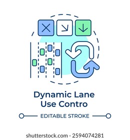 Dynamic lane use control multi color concept icon. Merge vehicle flow safely. Traffic management strategy. Round shape line illustration. Abstract idea. Graphic design. Easy to use in booklet
