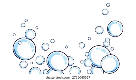Dynamische große Gruppe glänzender blauer Blasen, die auf weißem Hintergrund schwimmen, um Reinigungsmittel oder erfrischende kohlensäurehaltige Getränke zu verwenden.