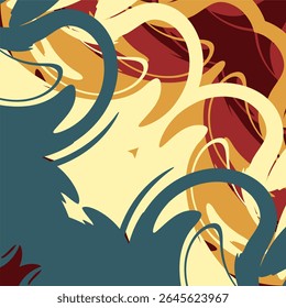 A dynamic, layered arrangement of sweeping teal, mustard, and cream arcs over a deep burgundy backdrop in an abstract explosive style.