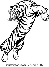 Ilustración dinámica del tigre que salta Obra de arte animal salvaje potente en estilo de línea negra audaz