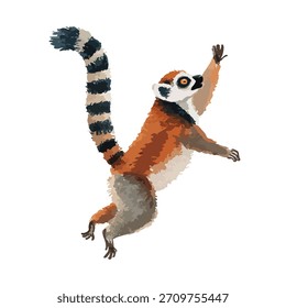 Dynamic lemur illustration with iconic striped tail, captured mid-jump. Ideal for nature, wildlife vector art, or playful designs.